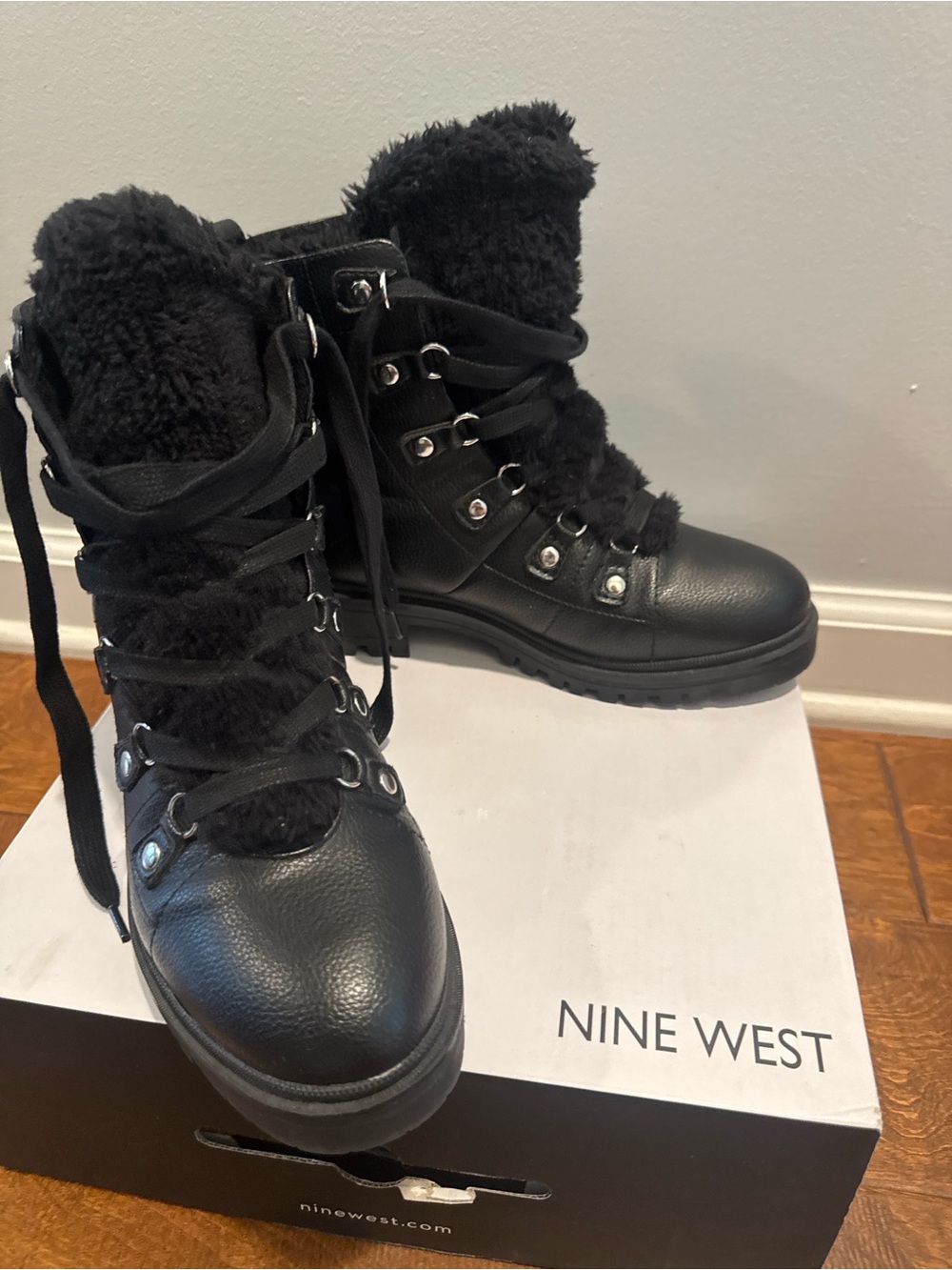 Nine West Black Faux-Fur Lace-Up Ankle Boots